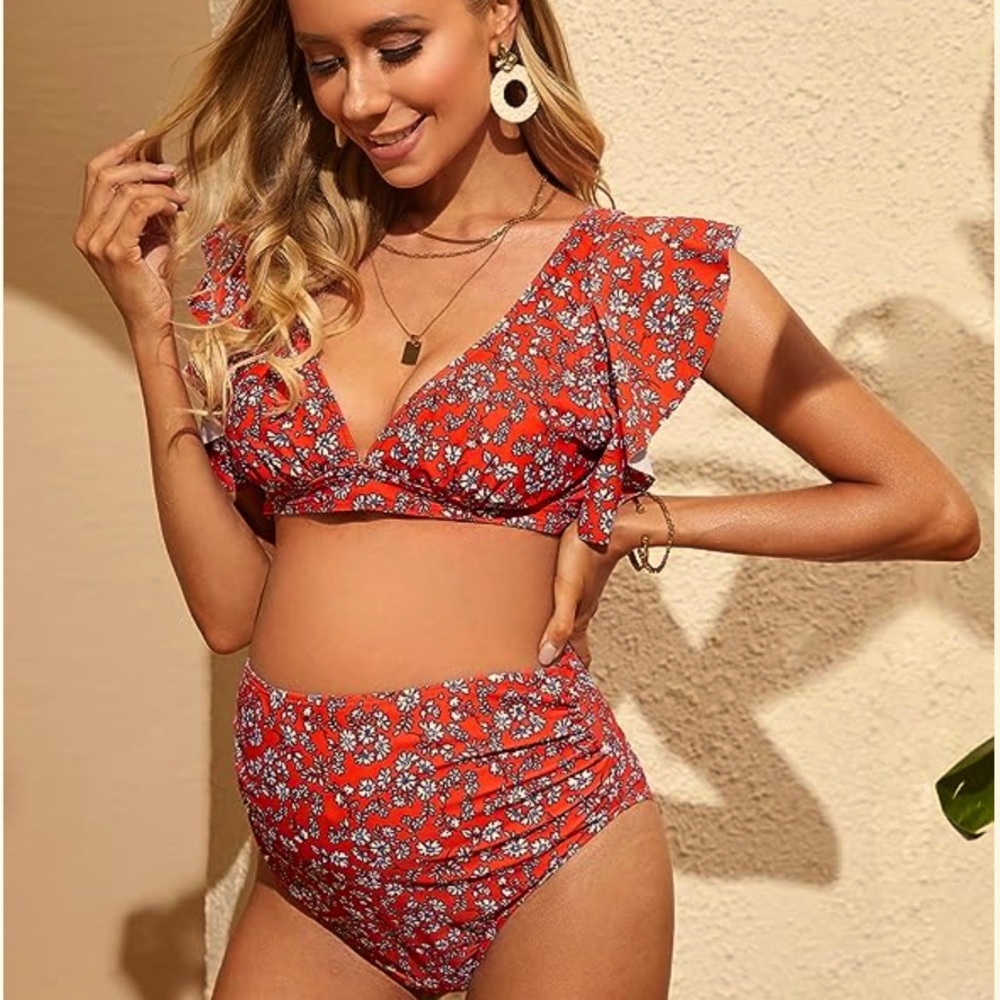 Womens Maternity Two Piece Swimsuit Floral Ruffle Sleeve HighWaisted Bikini Set